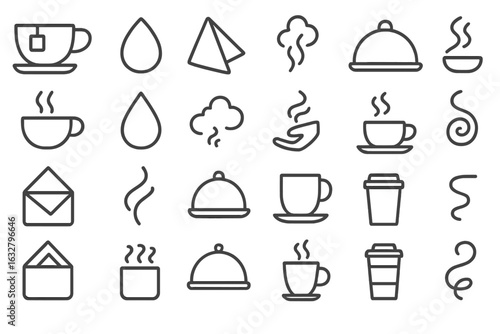 Line art illustrations of various tea and coffee elements with steam and containers for beverage enthusiasts