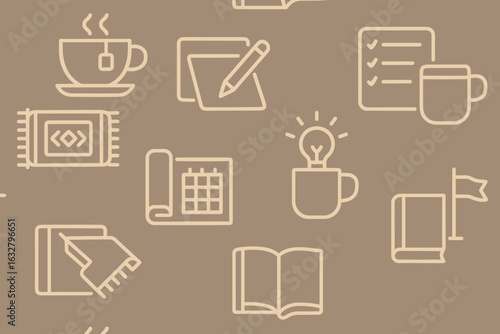 Patterns of office tools and cozy elements in warm colors create a serene workspace atmosphere