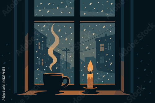 Cozy evening at home with warm drink and candlelight during snowy weather