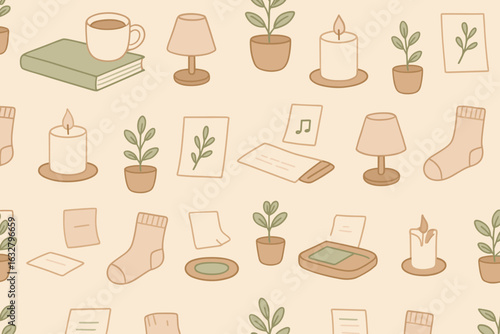 Cozy home decor pattern features plants, candles, and warm elements that create a relaxed atmosphere