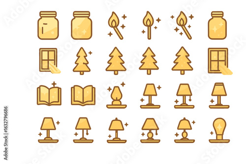 Illustration of cozy home decor elements featuring jars, lamps, and trees in a bright and whimsical design