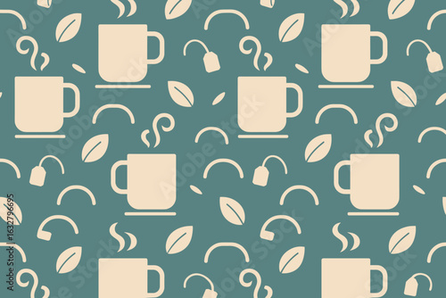 Pattern of coffee cups with steam and leaves on a teal background in a cozy atmosphere