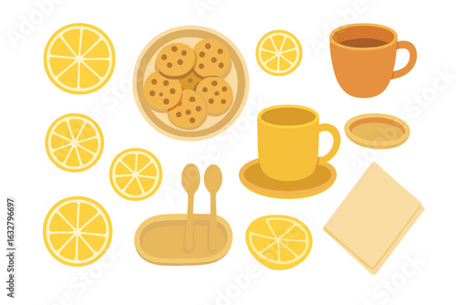 Friends enjoy a cozy afternoon with cookies, lemon slices, and cups of tea in a cheerful setting