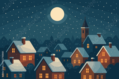 Snow-covered village illuminated by a bright moon at night during winter season