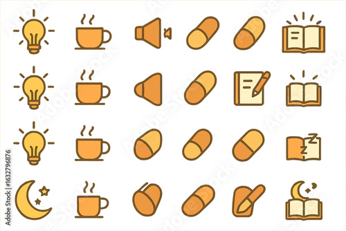 Daily habits for a balanced lifestyle featuring coffee, sleep, and productivity symbols