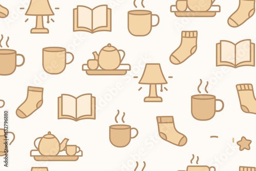 Cozy home elements featuring teapots, books, socks, and warm drinks on a light beige background in a minimalistic style