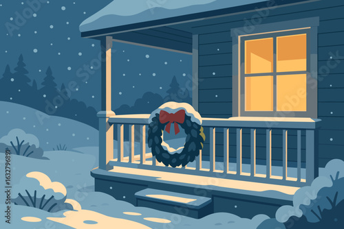 Cozy winter evening at a snowy cabin with a festive wreath on the porch