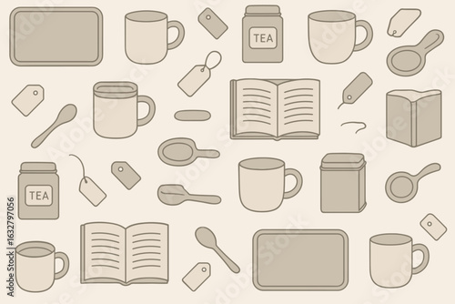 Various tea-related objects arranged on a light background showcasing cups, containers, and utensils for beverage preparation