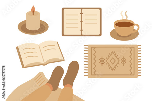 Cozy indoor setting with a warm drink, candlelight, books, and a soft rug inviting relaxation and comfort
