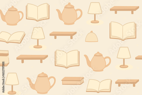 Pattern design featuring teapots, books, and lamps in a cozy indoor setting