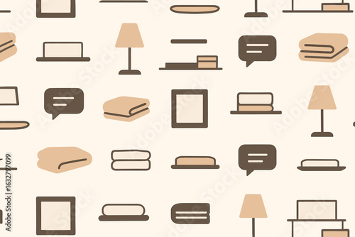 Unique pattern featuring furniture, decor, and everyday items set against a neutral background