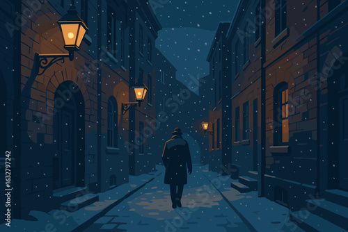 Mystical winter evening stroll through a snow-covered alleyway with glowing lanterns