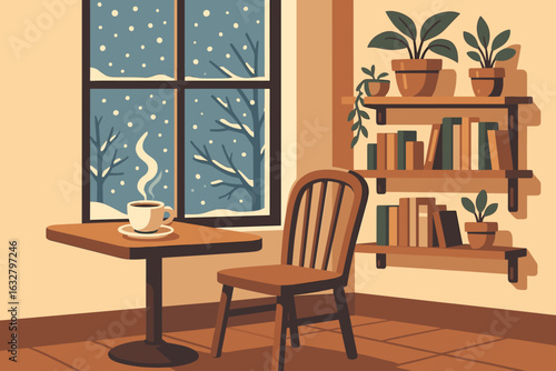Cozy winter interior featuring a warm beverage and snowy window view in a stylish room