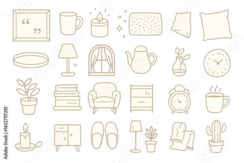 Home decor elements featuring household items, plants, and furniture in a minimalist design