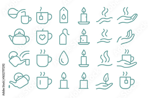 Various minimalistic icons depicting tea, candles, and calming activities for relaxation and wellness