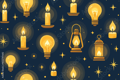 Collection of glowing candles and light bulbs against a dark night sky background creating a warm atmosphere
