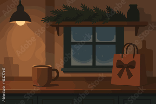 Festive decorations featuring a holiday greeting and seasonal elements in a cheerful arrangement