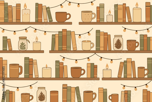 Cozy bookshelf design with warm colors, candles, and cups creating a comfortable atmosphere