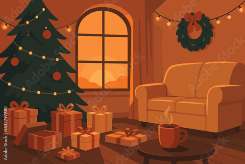 Cozy living room decorated for the holidays with a Christmas tree, gifts, and warm sunset lighting