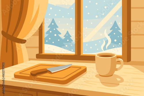 Warm morning at a cozy cabin with coffee and snowy landscape outside the window