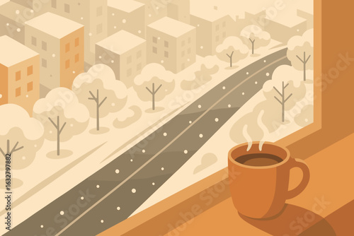 Cozy winter morning with steaming coffee and snow-filled cityscape