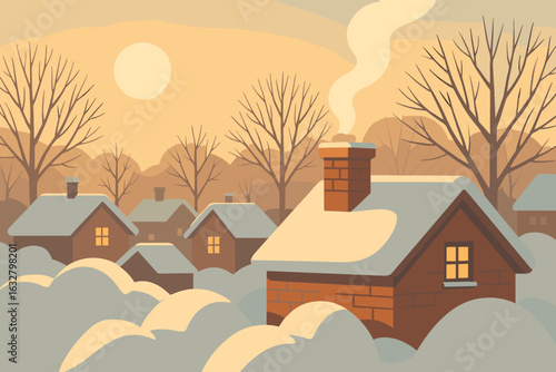 Snowy sunrise village scene with brick cottage, chimney smoke, snowdrifts and bare trees – warm vintage flat illustration