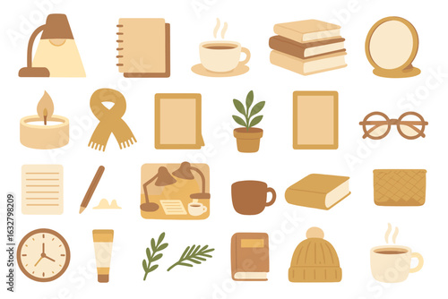 Warm hygge clipart collection of autumn desk essentials: steaming coffee, books, potted plant, candle, lamp, scarf, glasses, clock on golden gradient background