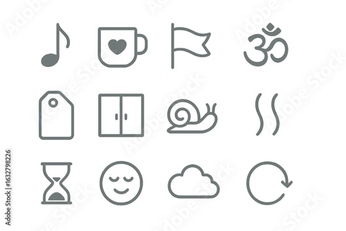 Minimal neon outline icon set on dark gradient: music note, heart mug, flag, Om symbol, price tag, doors, snail, steam, hourglass, calm face, cloud and refresh arrow