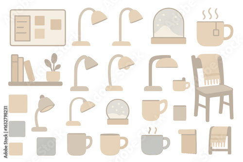 Variety of cozy home decor items including lamps, mugs, and a chair designed for a warm atmosphere