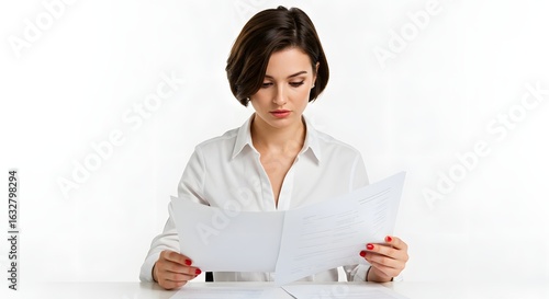 A young woman in a business shirt reviewing documents on a white background