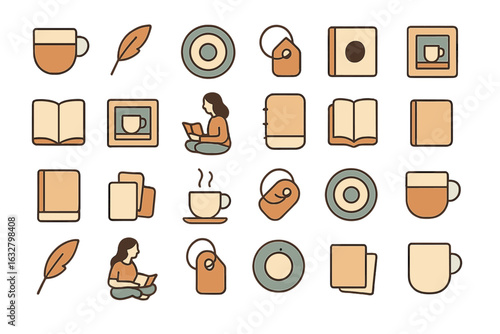 Cozy indoor reading and tea time with woman holding a book surrounded by various tea and reading illustrations