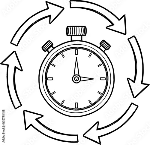 Stopwatch with rotating arrows with hand-drawn style