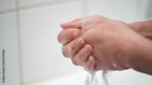 Clean and realistic zoom-in on soapy hands being washed — ideal for health, hygiene, or public service campaigns about cleanliness.