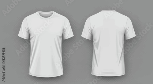 Front and back view of a plain white t-shirt, isolated on a gray background.