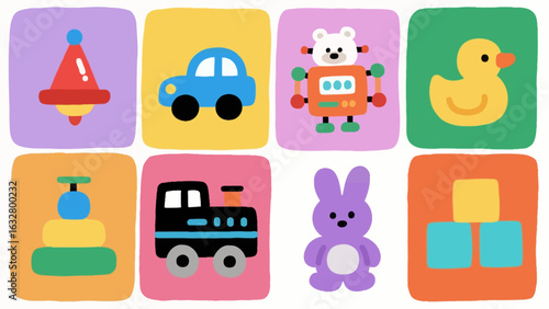 A vibrant set of cute toy illustrations for children. A collection of colorful flat design icons featuring a car, robot, duck, and train for kids' projects.
