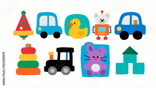 Collection of colorful children's toys in a flat design. Vector icon set with car, duck, train, robot, and blocks for playtime.