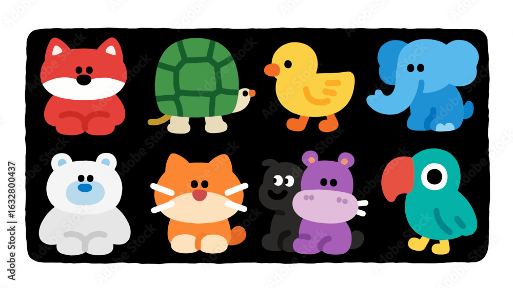 Fototapeta premium Colorful cartoon animals in a grid pattern, simple designs.