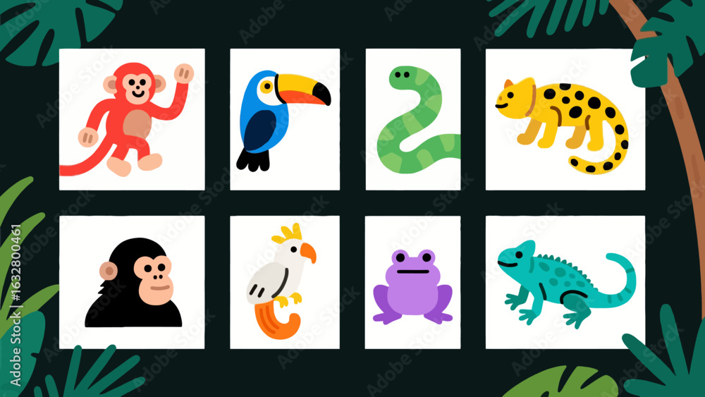 Fototapeta premium A vibrant set of cartoon jungle animal illustrations. A colorful collection of flat design wildlife icons for children's education.