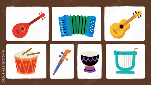 Colorful illustration of various musical instruments, including a bandura, accordion, guitar, drum, and more.