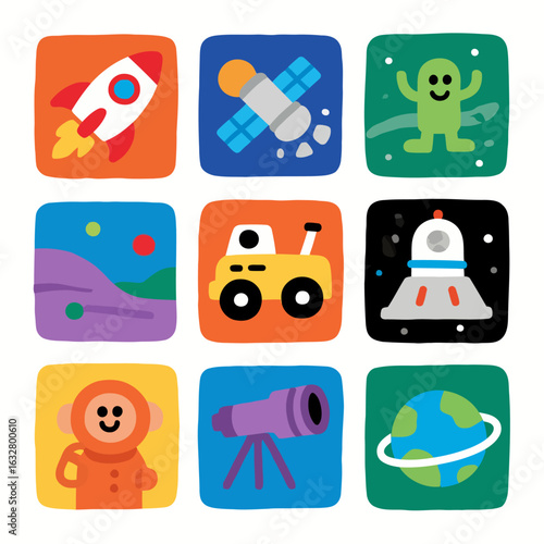 Nine square cartoon icons depicting space exploration themes: rocket, satellite, alien, landscape, rover, lunar lander, astronaut, telescope, and Earth.