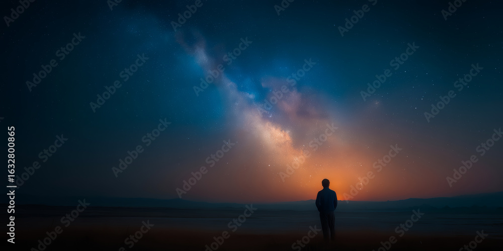 Obraz premium Man stands on a beach at night, looking up at the sky. The sky is filled with stars and a large, glowing moon