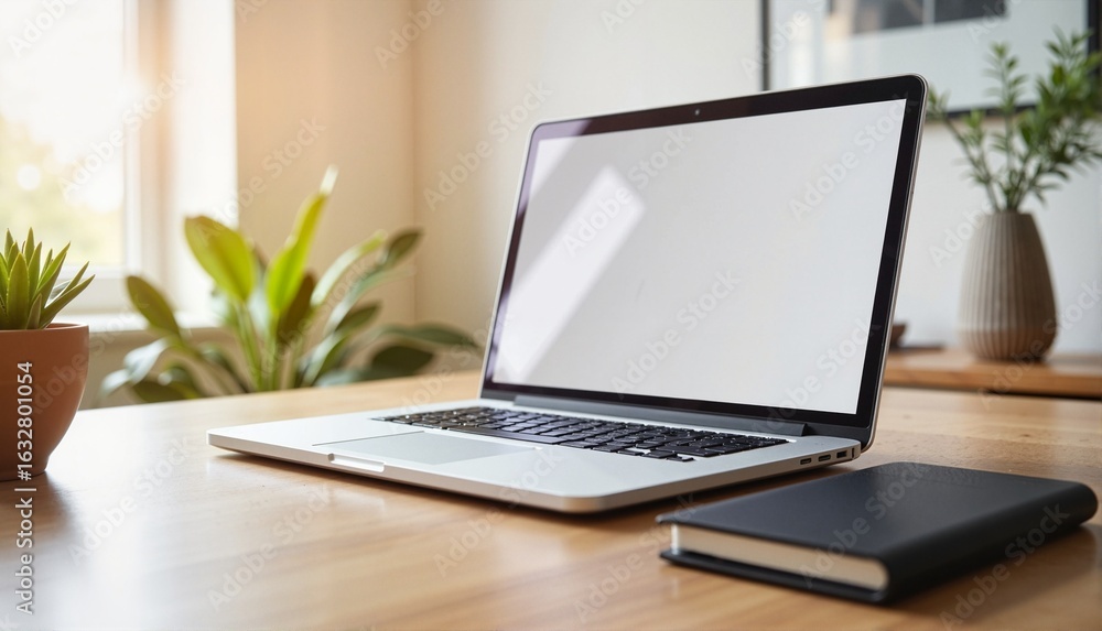 Fototapeta premium Minimalist workspace featuring blank laptop on wooden desk beside dark notebook and potted plant, bright natural light streaming in, office productivity concept of design studio or coworking space