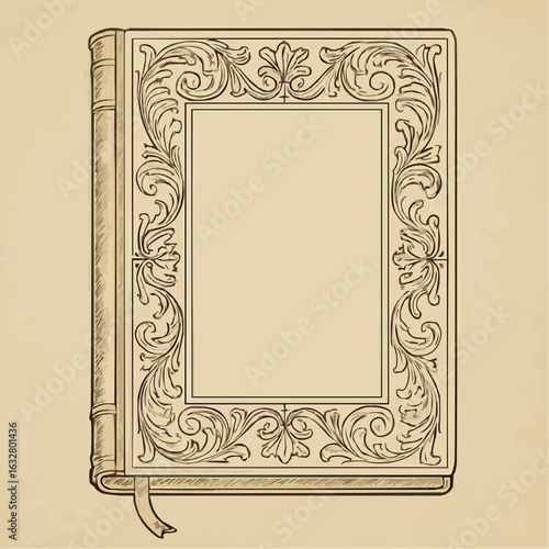 Decorative vintage book with ornate frame and blank cover design  