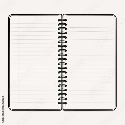Open notebook with blank pages and spiral binding on white background  