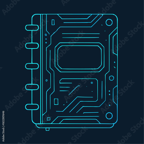 Digital notebook with circuit design in neon blue outline style  