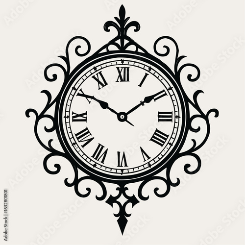 Ornate wall clock with Roman numerals and decorative frame  