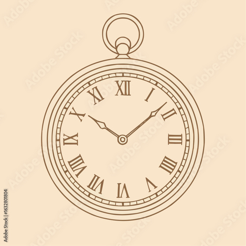 Vintage pocket watch illustration with Roman numerals on beige background  