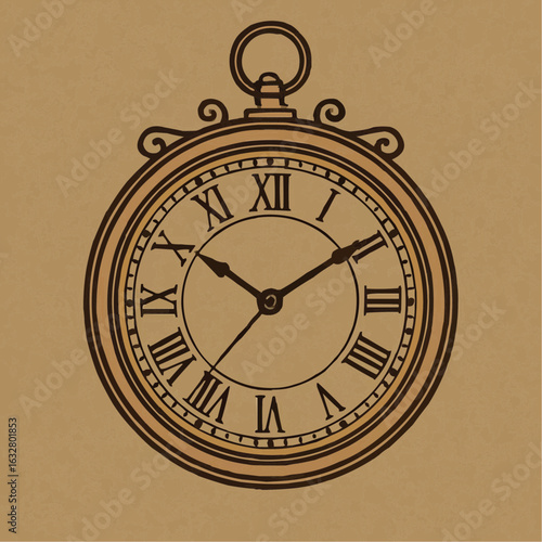Vintage pocket watch illustration on textured brown background  