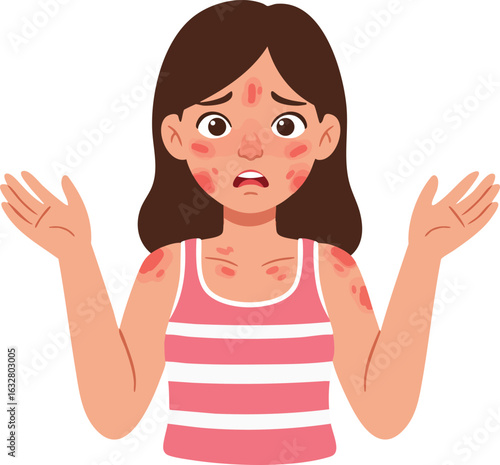 Young woman with red skin rash and allergic reaction expressing confusion and concern in vector illustration 