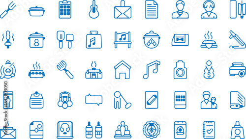 Blue Line Icons Representing Daily Life Activities and Objects